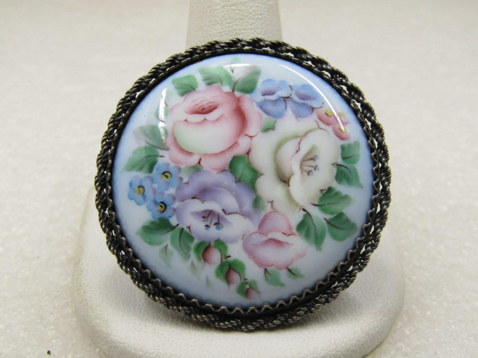 Vintage Floral Ceramic/Porcelan Round Brooch, C-Clasp1-5/8" - 3