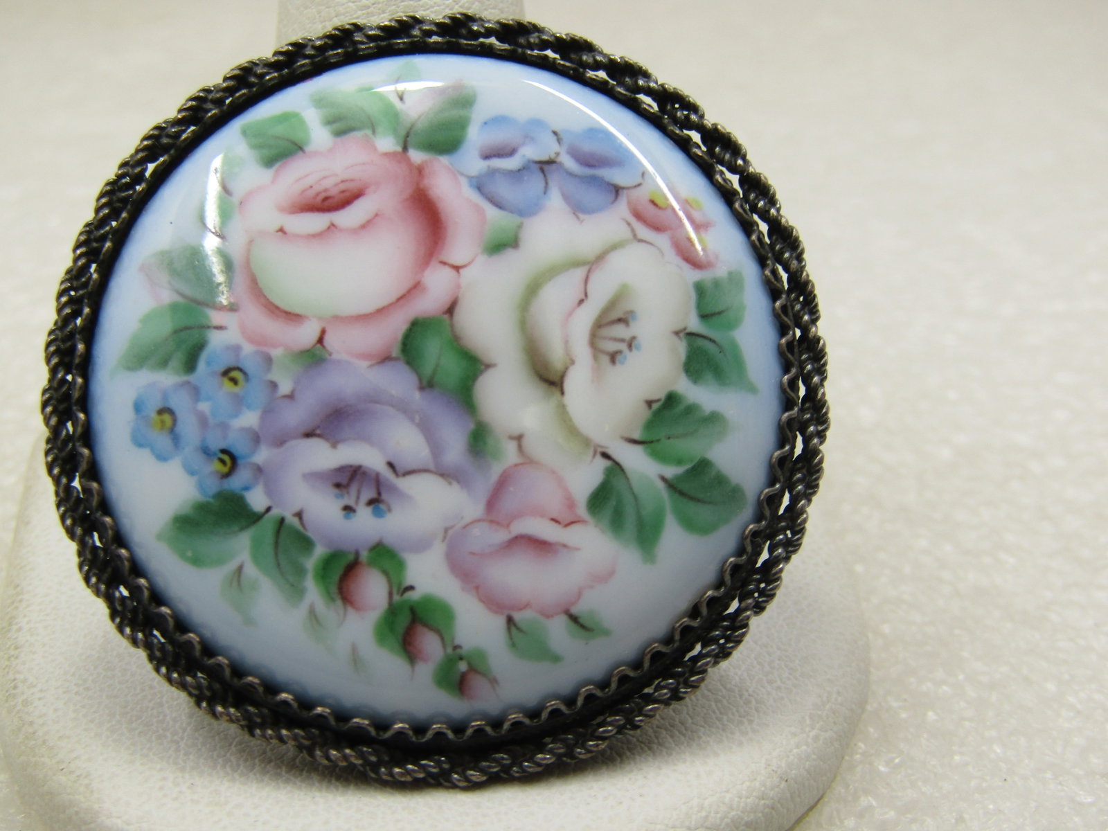 Vintage Floral Ceramic/Porcelan Round Brooch, C-Clasp1-5/8" - 5