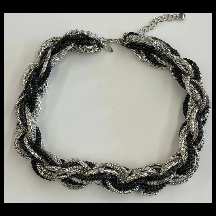 Estate Tasha Silver, Black, and Gray Metal Braided Chain NecklaceBraided MetalMeasures 18 inches - 4