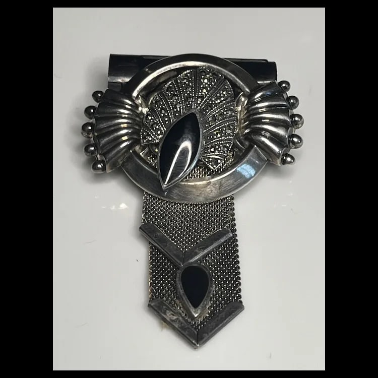Vintage Sterling Silver Marcasite and Onyx Chain BroochSterling Silver, Onyx, MarcasiteWeighs 17.1 - 2