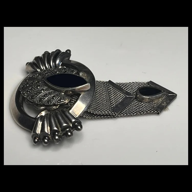 Vintage Sterling Silver Marcasite and Onyx Chain BroochSterling Silver, Onyx, MarcasiteWeighs 17.1 - 3