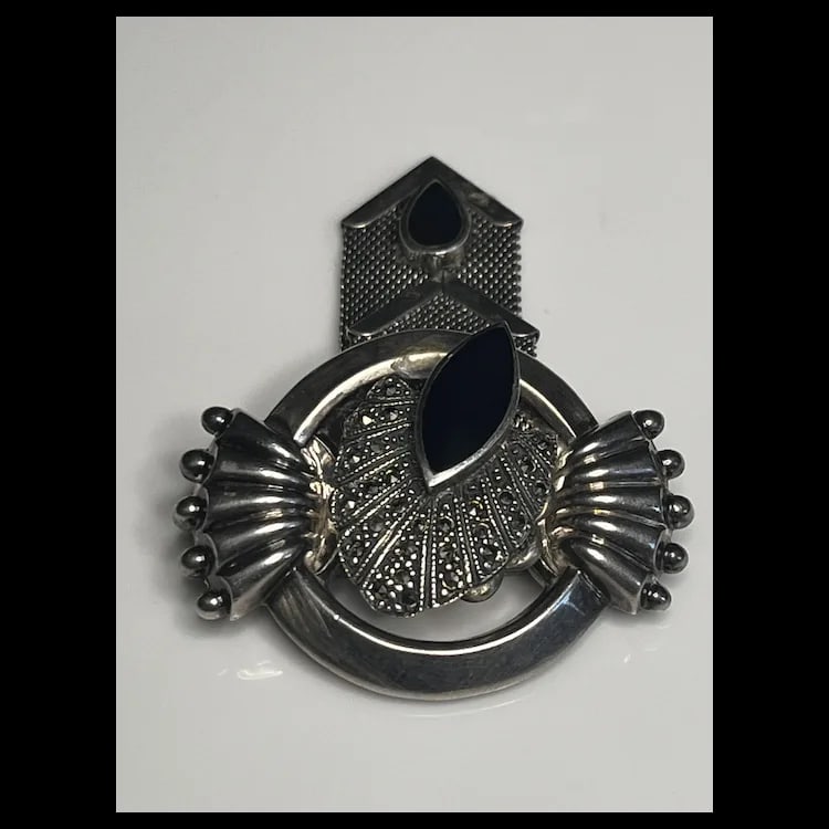Vintage Sterling Silver Marcasite and Onyx Chain BroochSterling Silver, Onyx, MarcasiteWeighs 17.1 - 5