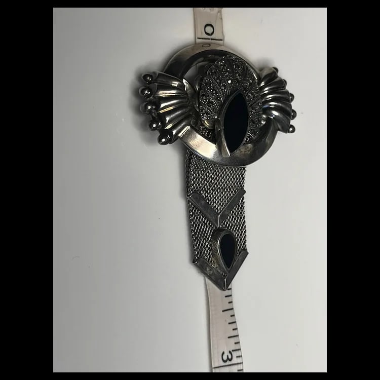 Vintage Sterling Silver Marcasite and Onyx Chain BroochSterling Silver, Onyx, MarcasiteWeighs 17.1 - 6
