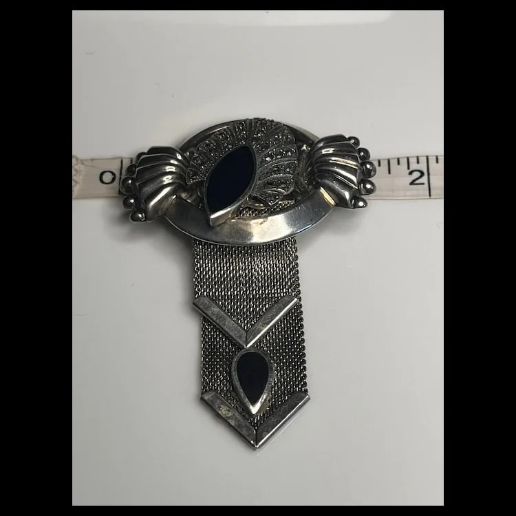 Vintage Sterling Silver Marcasite and Onyx Chain BroochSterling Silver, Onyx, MarcasiteWeighs 17.1 - 7