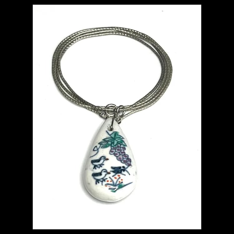 Vintage Hand Painted Porcelain Pendant on Sterling Silver Chain - 2