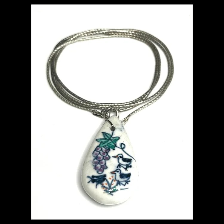 Vintage Hand Painted Porcelain Pendant on Sterling Silver Chain - 3
