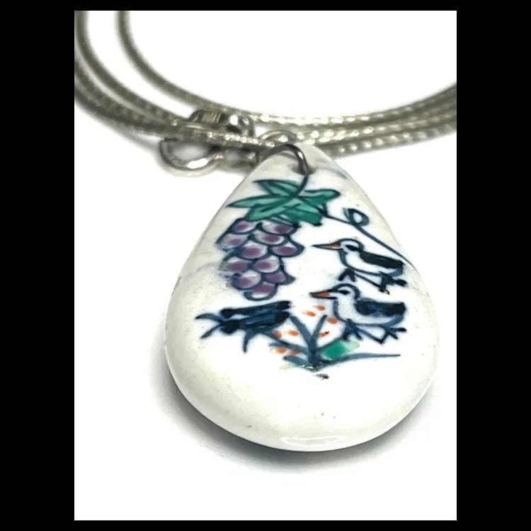 Vintage Hand Painted Porcelain Pendant on Sterling Silver Chain - 4