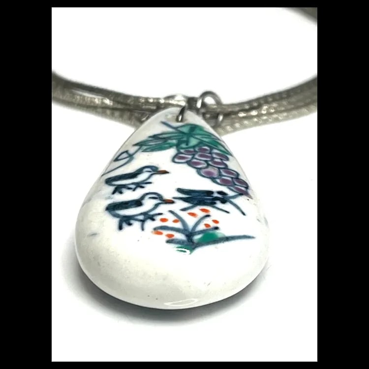 Vintage Hand Painted Porcelain Pendant on Sterling Silver Chain - 5