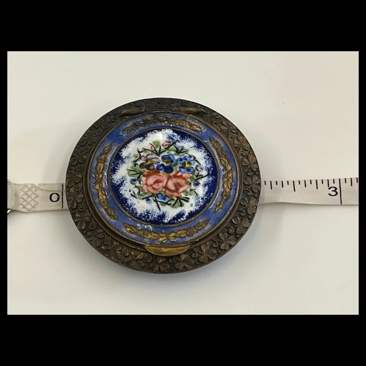 VINTAGE FRENCH ENAMEL FLORAL ROSE VIOLET COBALT BLUE ENAMEL COMPACT TRINKET BOX - 11