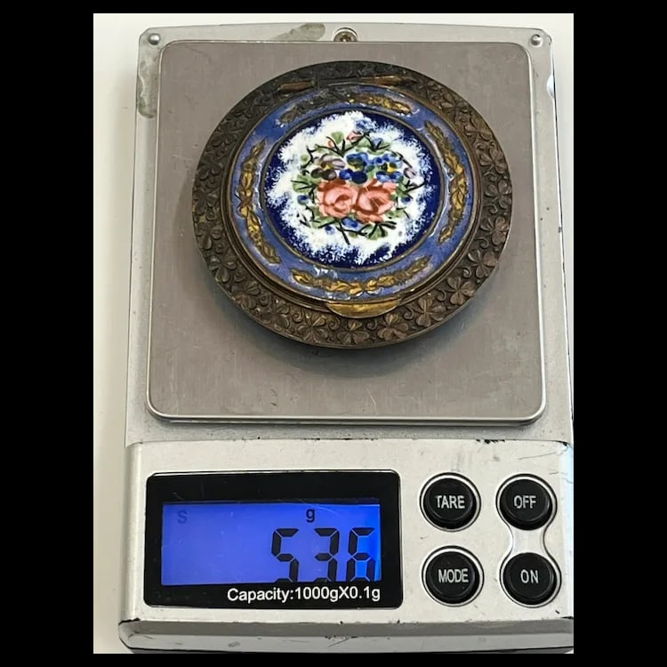 VINTAGE FRENCH ENAMEL FLORAL ROSE VIOLET COBALT BLUE ENAMEL COMPACT TRINKET BOX - 12