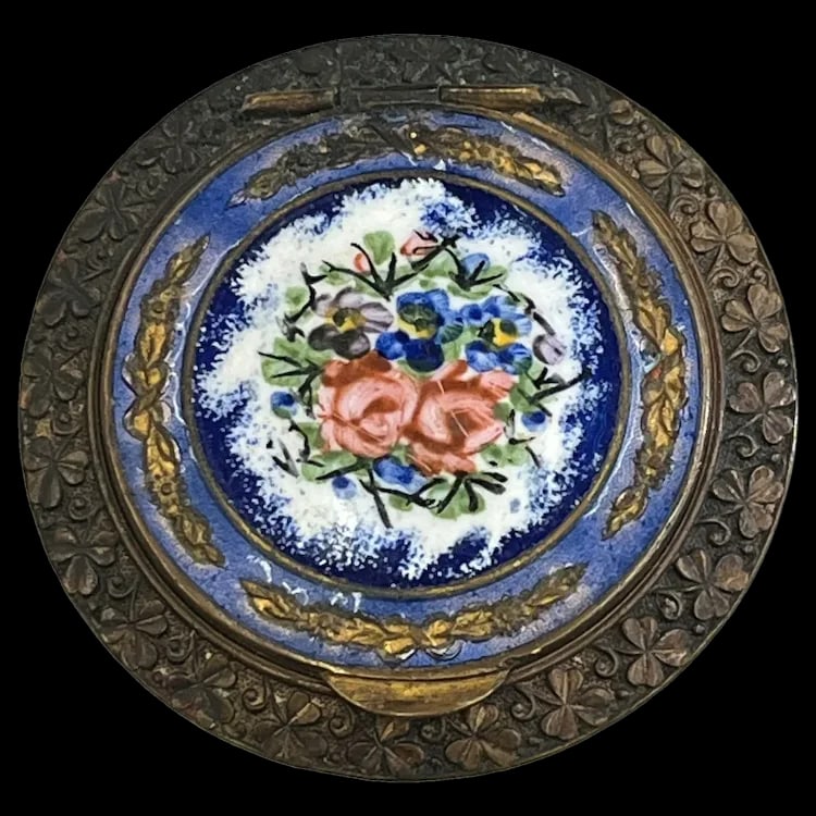 VINTAGE FRENCH ENAMEL FLORAL ROSE VIOLET COBALT BLUE ENAMEL COMPACT TRINKET BOX (1 of 12)