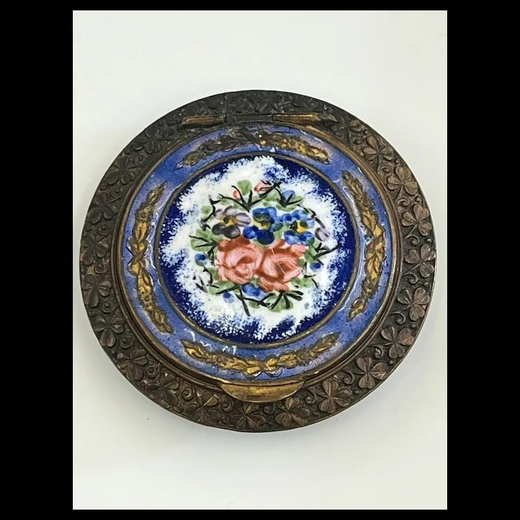VINTAGE FRENCH ENAMEL FLORAL ROSE VIOLET COBALT BLUE ENAMEL COMPACT TRINKET BOX - 2