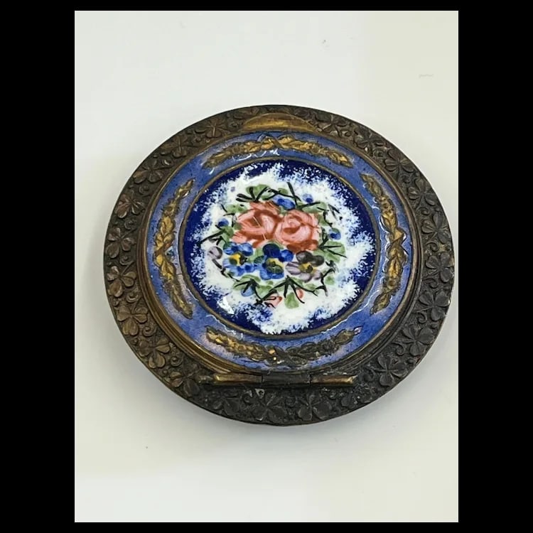 VINTAGE FRENCH ENAMEL FLORAL ROSE VIOLET COBALT BLUE ENAMEL COMPACT TRINKET BOX - 3