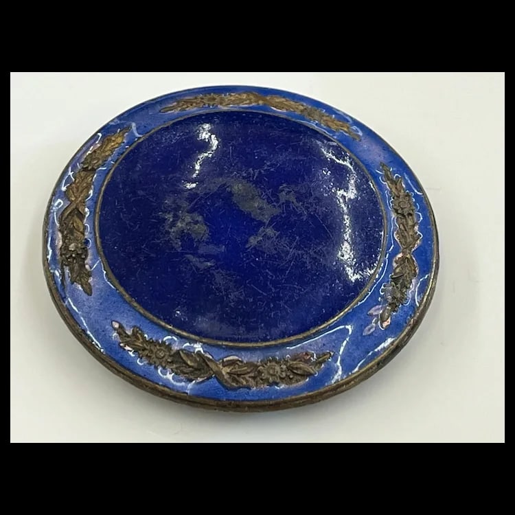 VINTAGE FRENCH ENAMEL FLORAL ROSE VIOLET COBALT BLUE ENAMEL COMPACT TRINKET BOX - 4