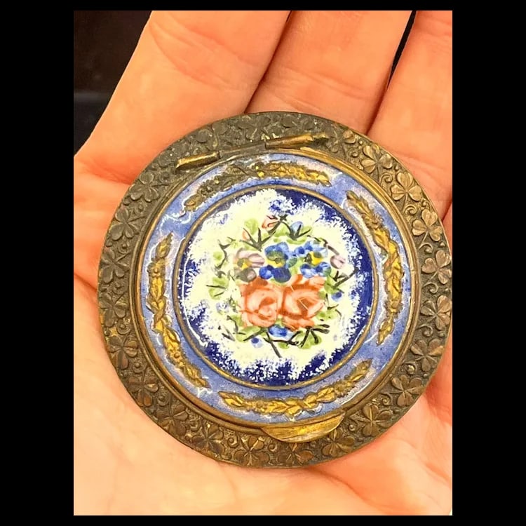 VINTAGE FRENCH ENAMEL FLORAL ROSE VIOLET COBALT BLUE ENAMEL COMPACT TRINKET BOX - 8