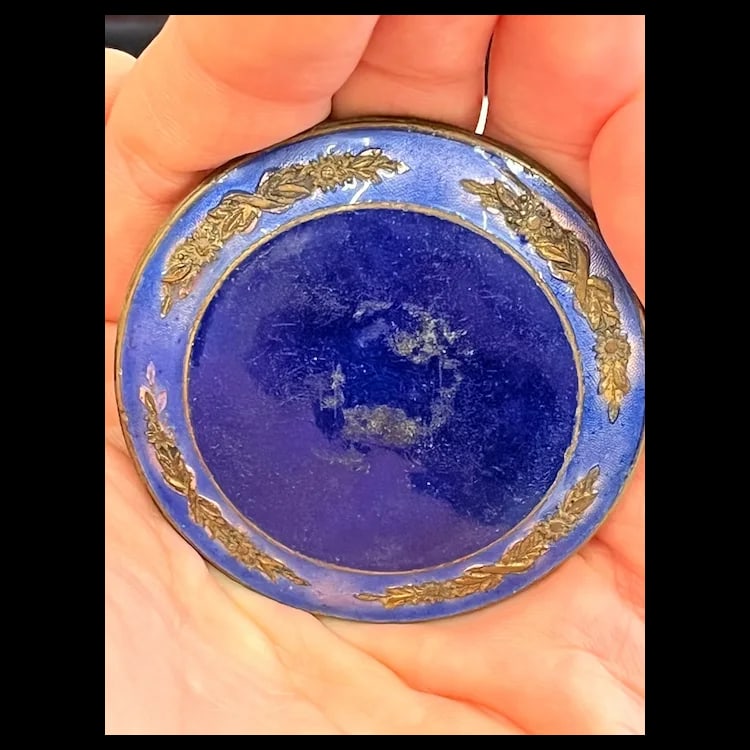 VINTAGE FRENCH ENAMEL FLORAL ROSE VIOLET COBALT BLUE ENAMEL COMPACT TRINKET BOX - 9