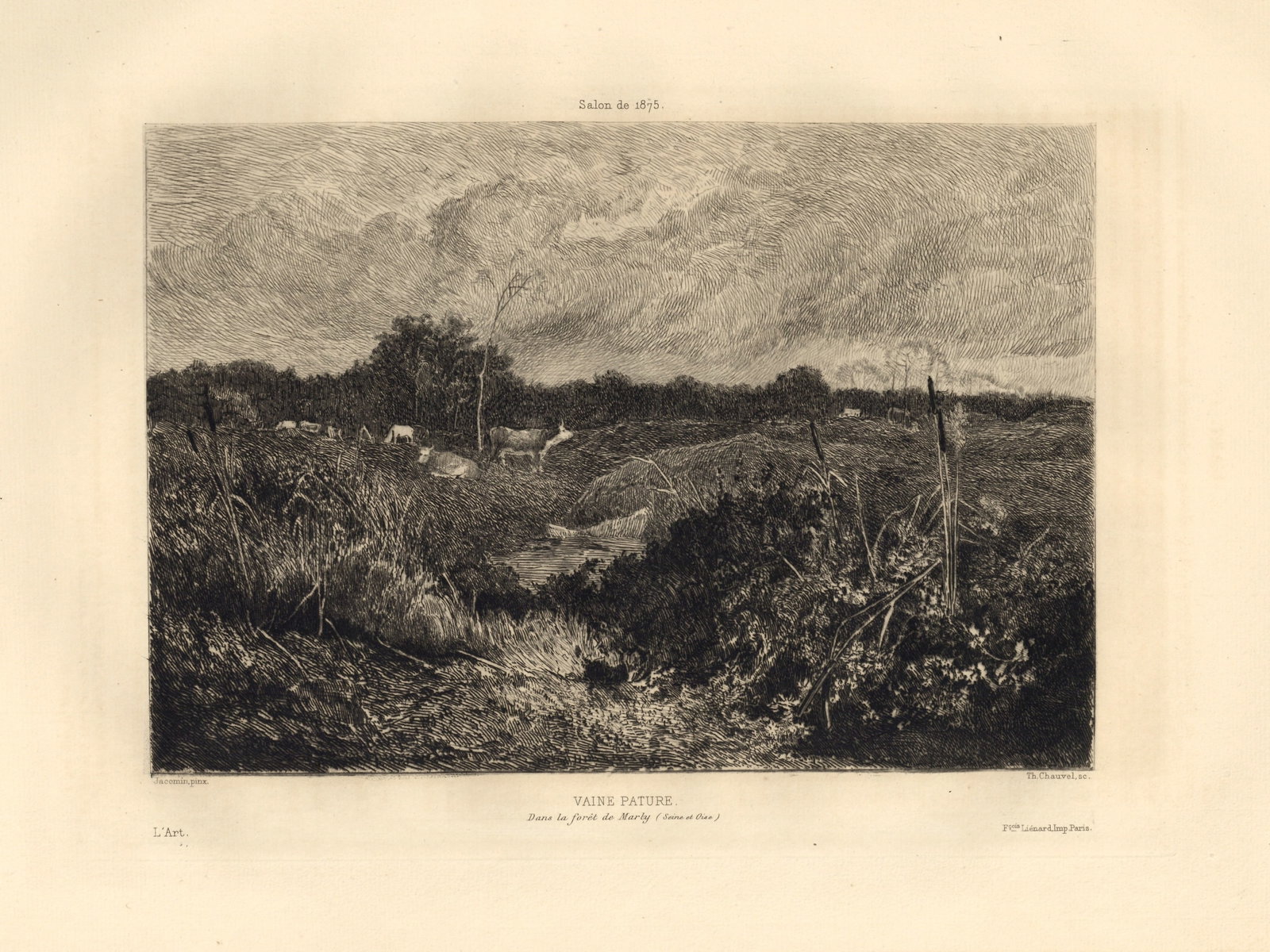 Theophile Narcisse Chauvel etching "Vaine Pature" Jacomin: Title: Theophile Narcisse Chauvel etching "Vaine Pature" Jacomin Description: Medium: etching (etched by Theophile Narcisse Chauvel after the Jacomin painting). This impression on laid paper was