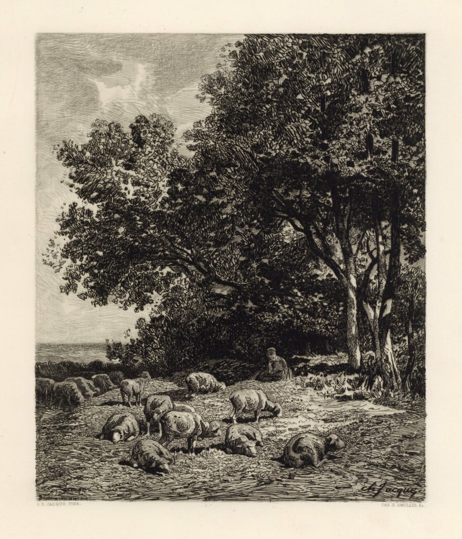 Charles Emile Jacque | James Smillie etching "Landscape with Sheep": Title: Charles Emile Jacque | James Smillie etching "Landscape with Sheep" Description: Medium: etching. Etched by James D. Smillie after this charming pastoral composition by Barbizon artist Charles