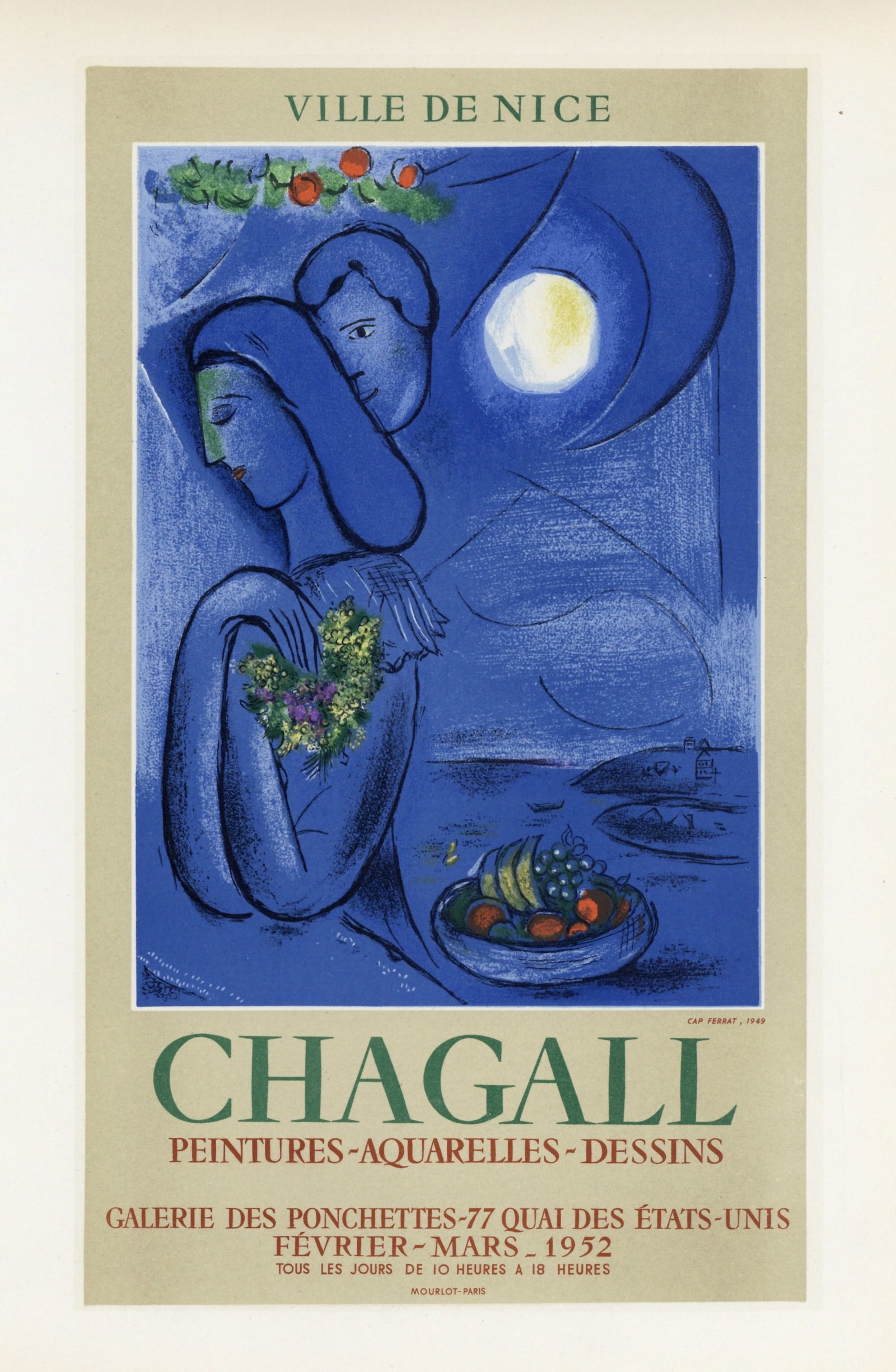 Marc Chagall lithograph poster "Peintures Aquarelles Dessins": Title: Marc Chagall lithograph poster "Peintures Aquarelles Dessins" Description: Medium: lithograph (after the original lithograph poster). During the late 1940's and throughout the 1950's, Marc Chag