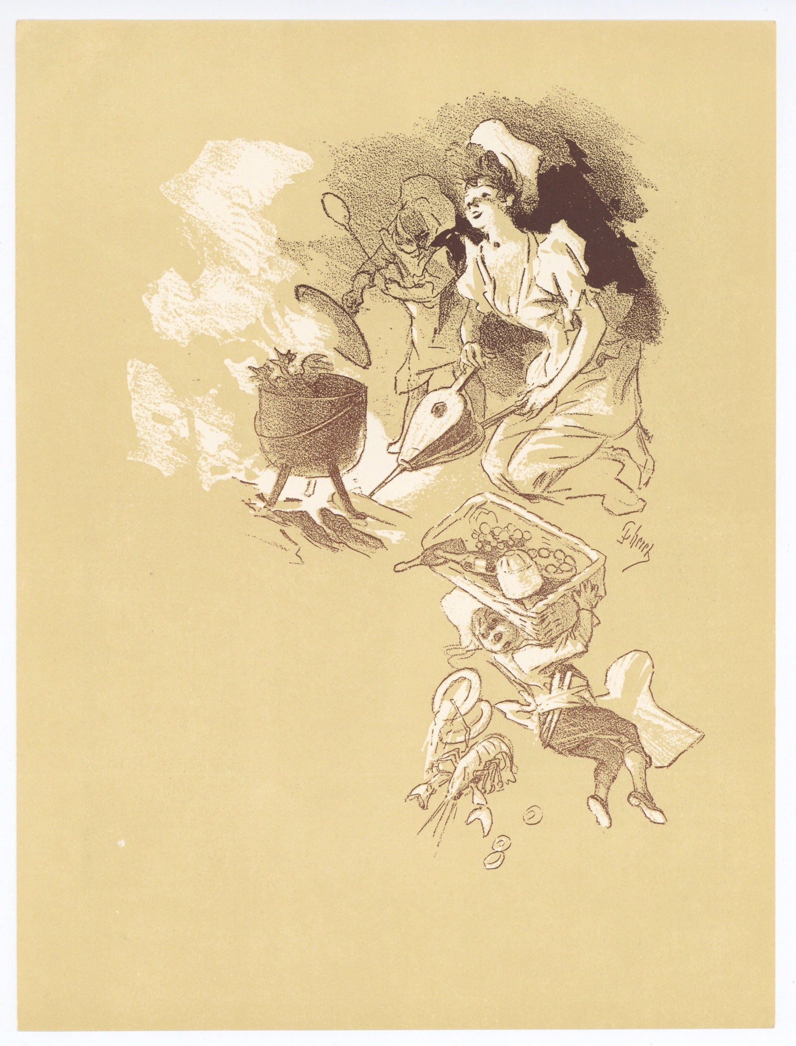 Jules Cheret lithograph "La poule au pot": Title: Jules Cheret lithograph "La poule au pot" Description: Medium: lithograph (after the original lithograph). Executed by Jules Cheret in 1894 for a menu, this edition was printed on light brown