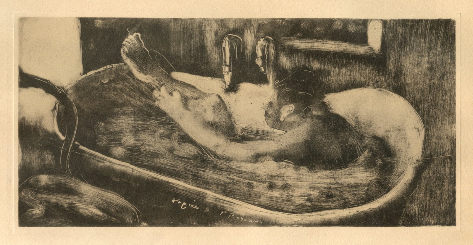 Edgar Degas monotype "Le Bain": Title: Edgar Degas monotype "Le Bain" Description: Medium: engraving. This recreation (after the original monotype) was printed in a limited edition of 1000 and published in Paris in 1948 by Quatre