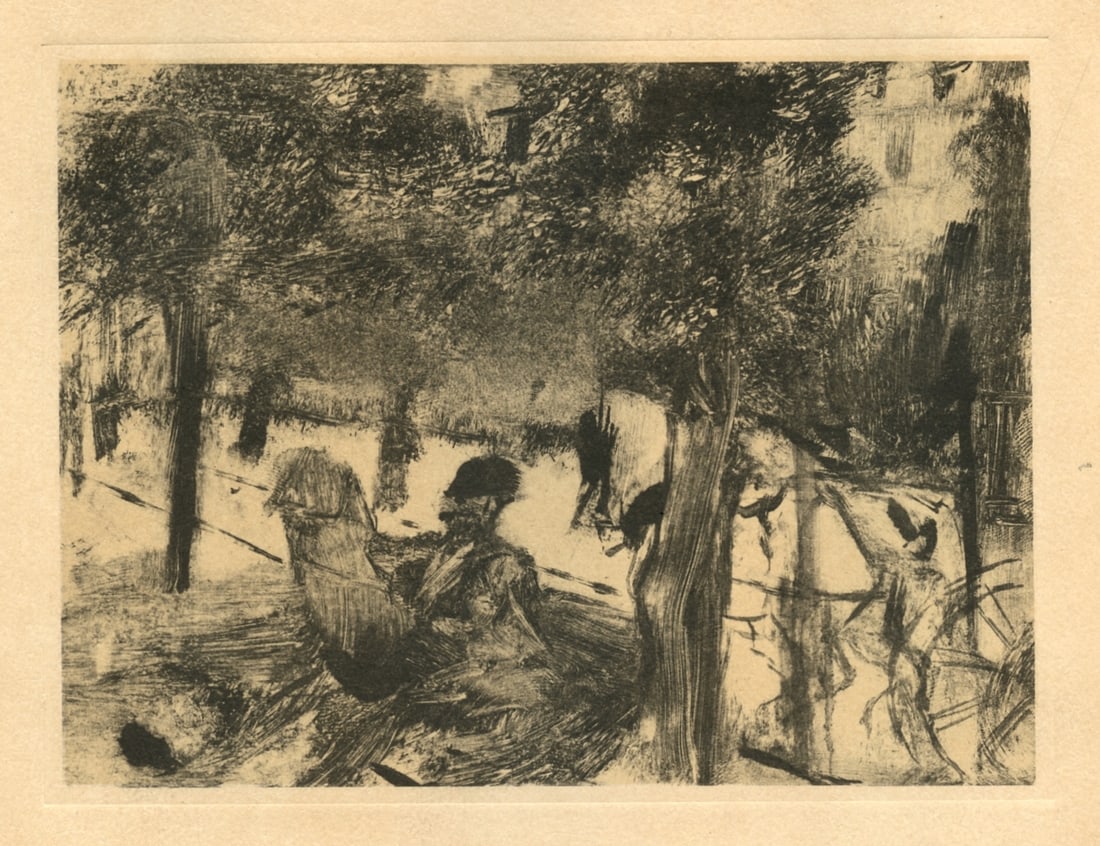 Edgar Degas monotype "Avenue du Bois-de-Bologne": Title: Edgar Degas monotype "Avenue du Bois-de-Bologne" Description: Medium: engraving. This recreation (after the original monotype) was printed in a limited edition of 1000 and published in Paris in