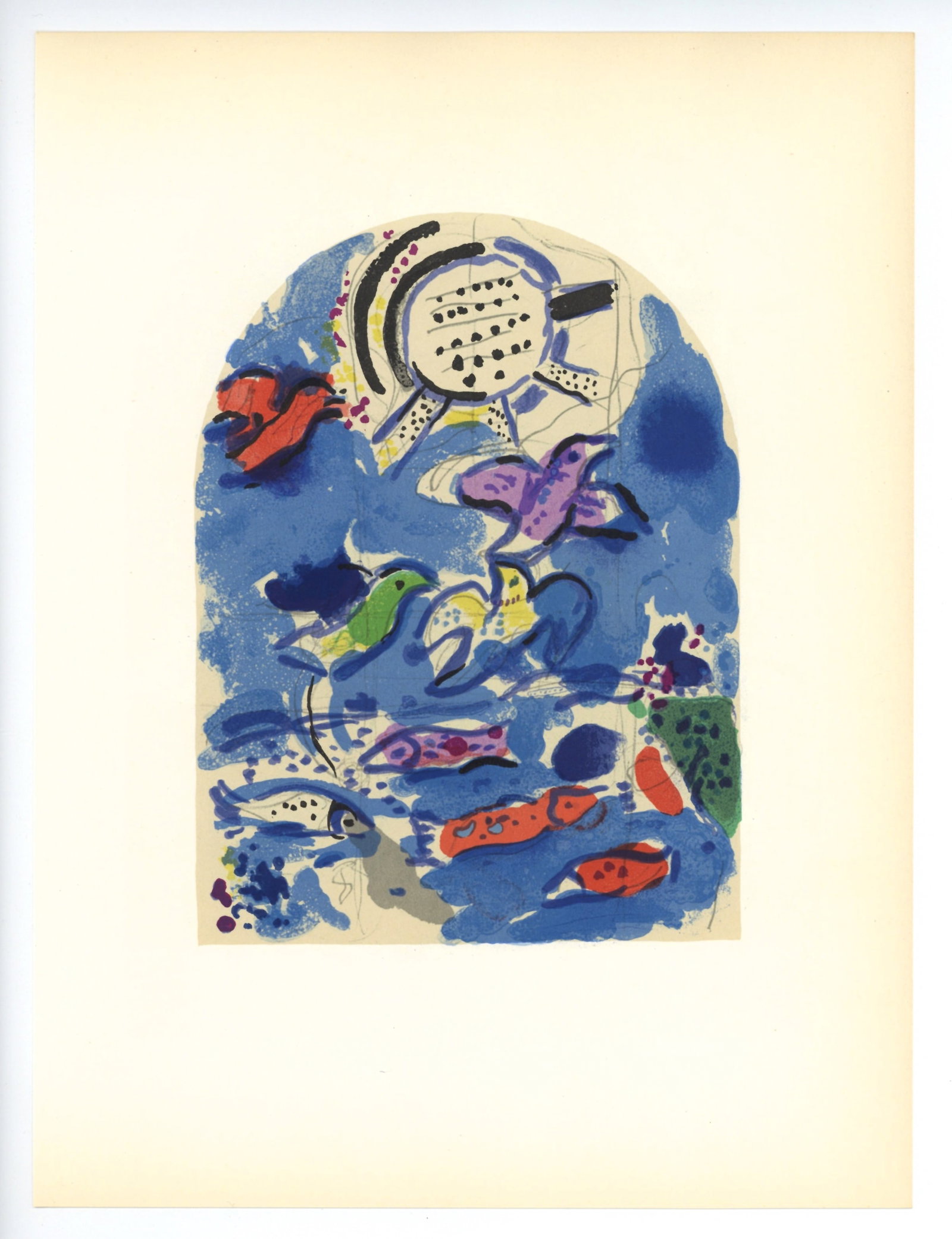 Marc Chagall "Tribe of Reuben" Jerusalem Windows lithograph: Title: Marc Chagall "Tribe of Reuben" Jerusalem Windows lithograph Description: Medium: lithograph (after the watercolor). Printed in 1962 at the Mourlot atelier for "Jerusalem Windows". This piece wa