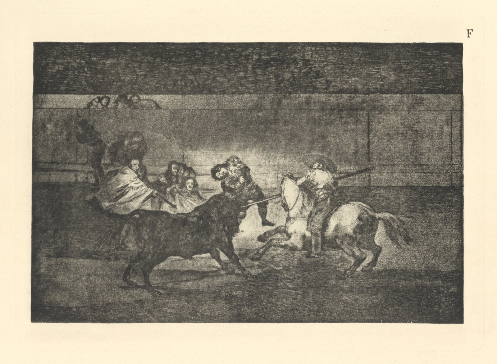 Francisco Goya "Tauromaquia" Plate F: Title: Francisco Goya "Tauromaquia" Plate F Description: Medium: heliogravure (after the etching from Goya's Tauromaquia series). Printed in 1947 in a limited edition of 500 on Guarro laid paper, and 