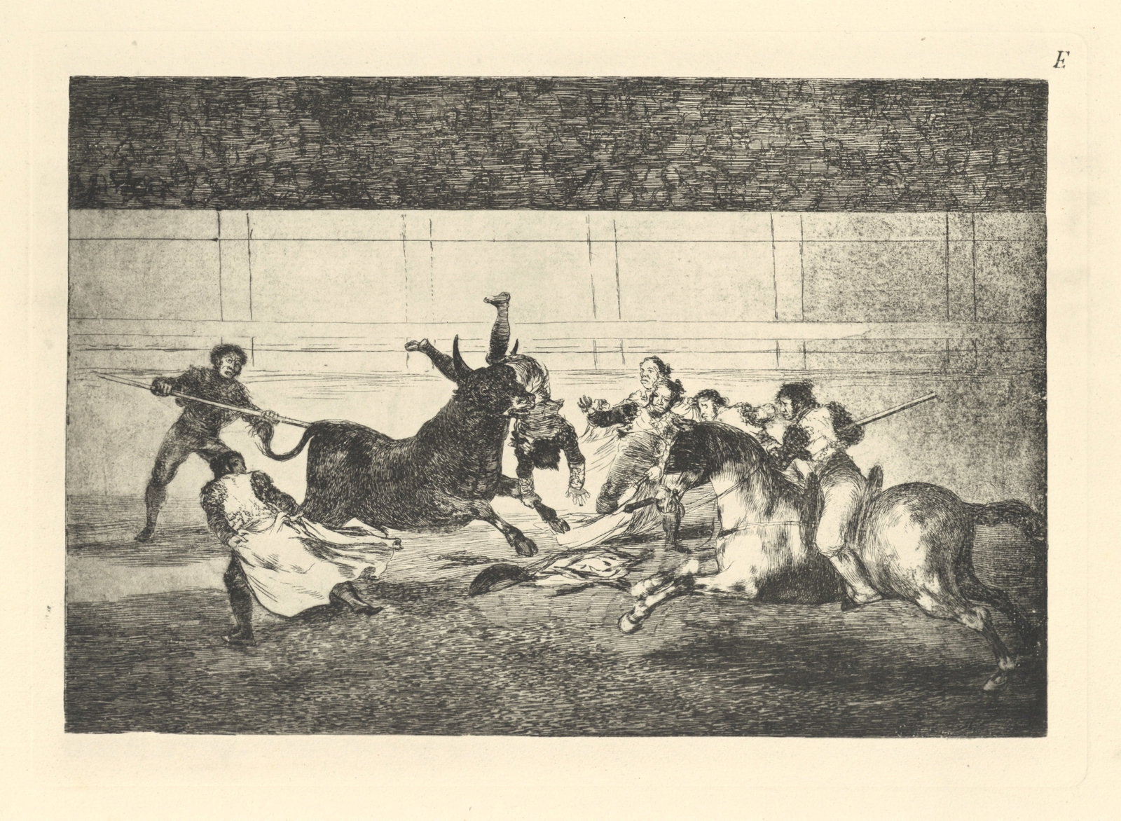 Francisco Goya "Tauromaquia" Plate E: Title: Francisco Goya "Tauromaquia" Plate E Description: Medium: heliogravure (after the etching from Goya's Tauromaquia series). Printed in 1947 in a limited edition of 500 on Guarro laid paper, and 