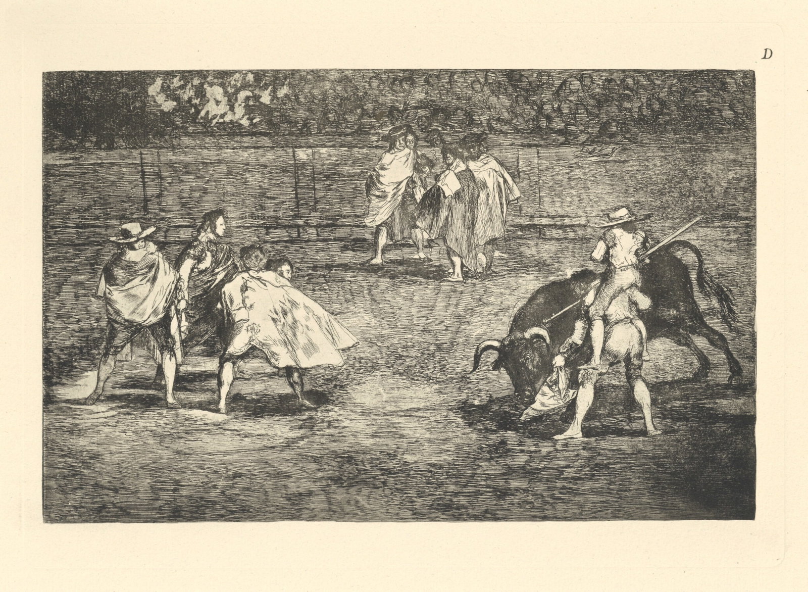 Francisco Goya "Tauromaquia" Plate D: Title: Francisco Goya "Tauromaquia" Plate D Description: Medium: heliogravure (after the etching from Goya's Tauromaquia series). Printed in 1947 in a limited edition of 500 on Guarro laid paper, and