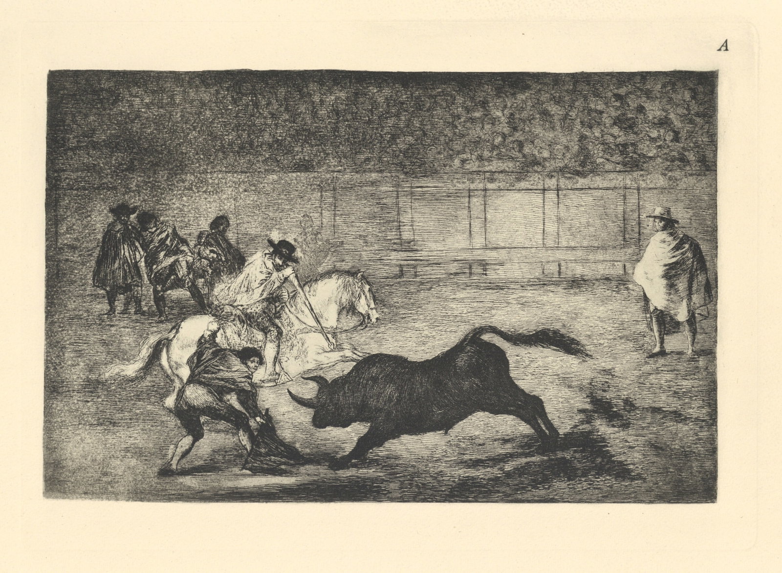 Francisco Goya "Tauromaquia" Plate A: Title: Francisco Goya "Tauromaquia" Plate A Description: Medium: heliogravure (after the etching from Goya's Tauromaquia series). Printed in 1947 in a limited edition of 500 on Guarro laid paper, and