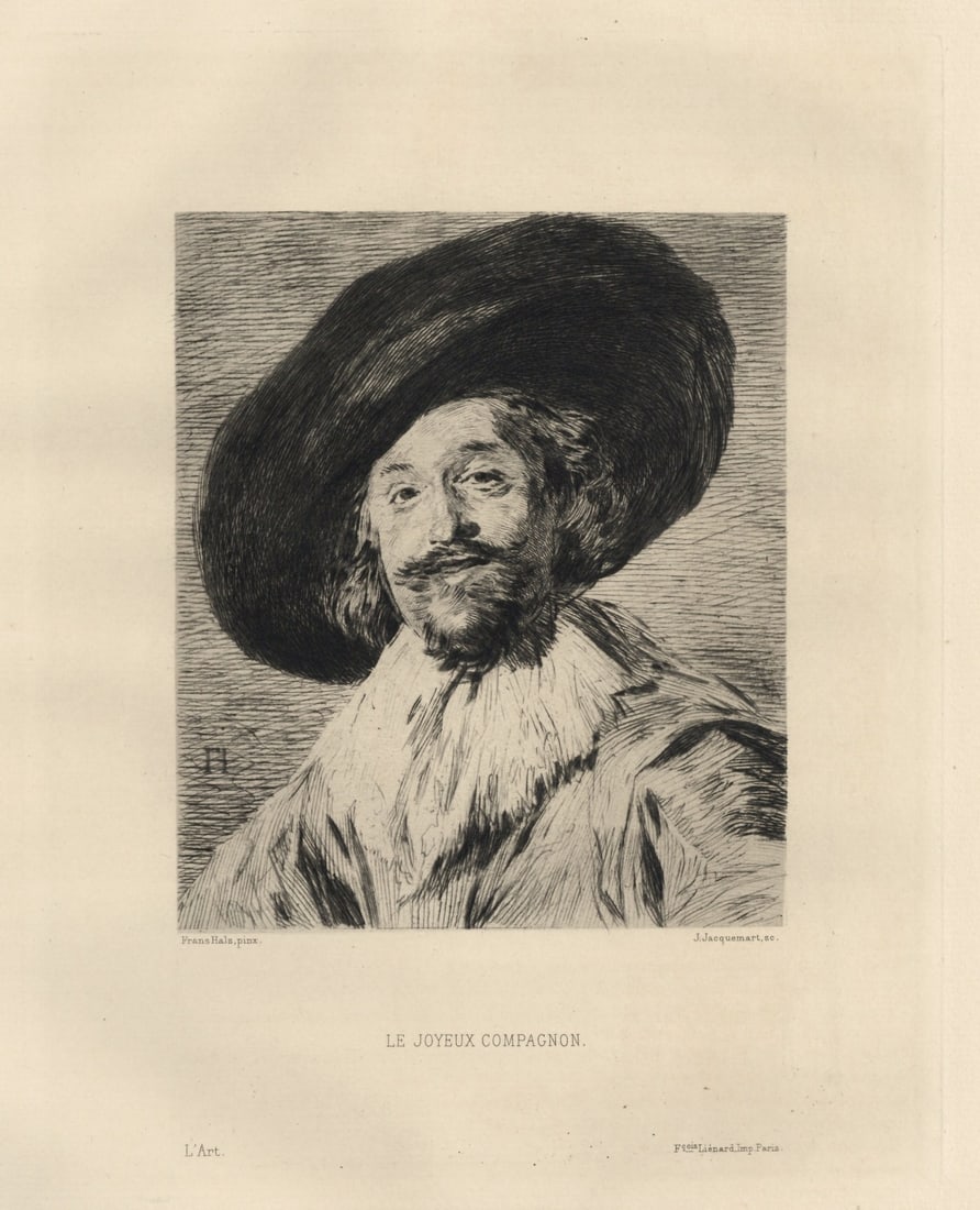 Jules Jacquemart etching "Le Joyeux Compagnon" Frans Hals: Title: Jules Jacquemart etching "Le Joyeux Compagnon" Frans Hals Description: Medium: etching. Etched by Jules Jacquemart after Frans Hals. This impression on cream laid paper was published in Paris