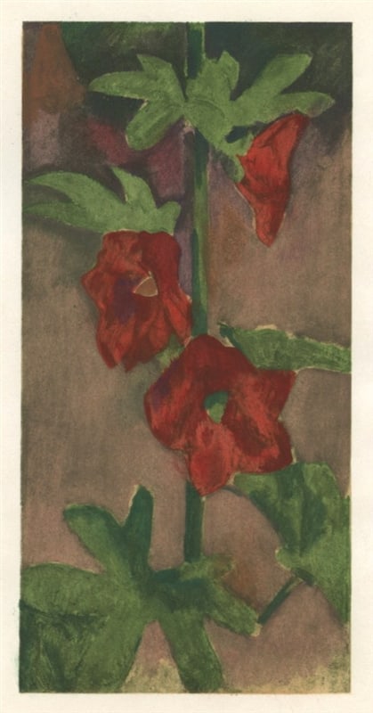 Robert Delaunay "Rose tremiere rouge" pochoir: Title: Robert Delaunay "Rose tremiere rouge" pochoir Description: Medium: pochoir (after the oil painting). Printed in Paris by Daniel Jacomet, and published in 1961 by Berggruen. The image measures 7
