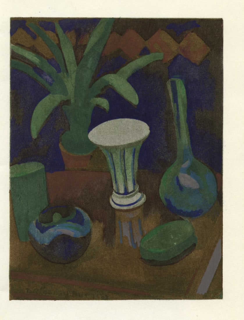 Robert Delaunay "Vases et objets" pochoir: Title: Robert Delaunay "Vases et objets" pochoir Description: Medium: pochoir (after the oil painting). Printed in Paris by Daniel Jacomet and published in 1961 by Berggruen. Image size: 5 x 3 3/4 inc