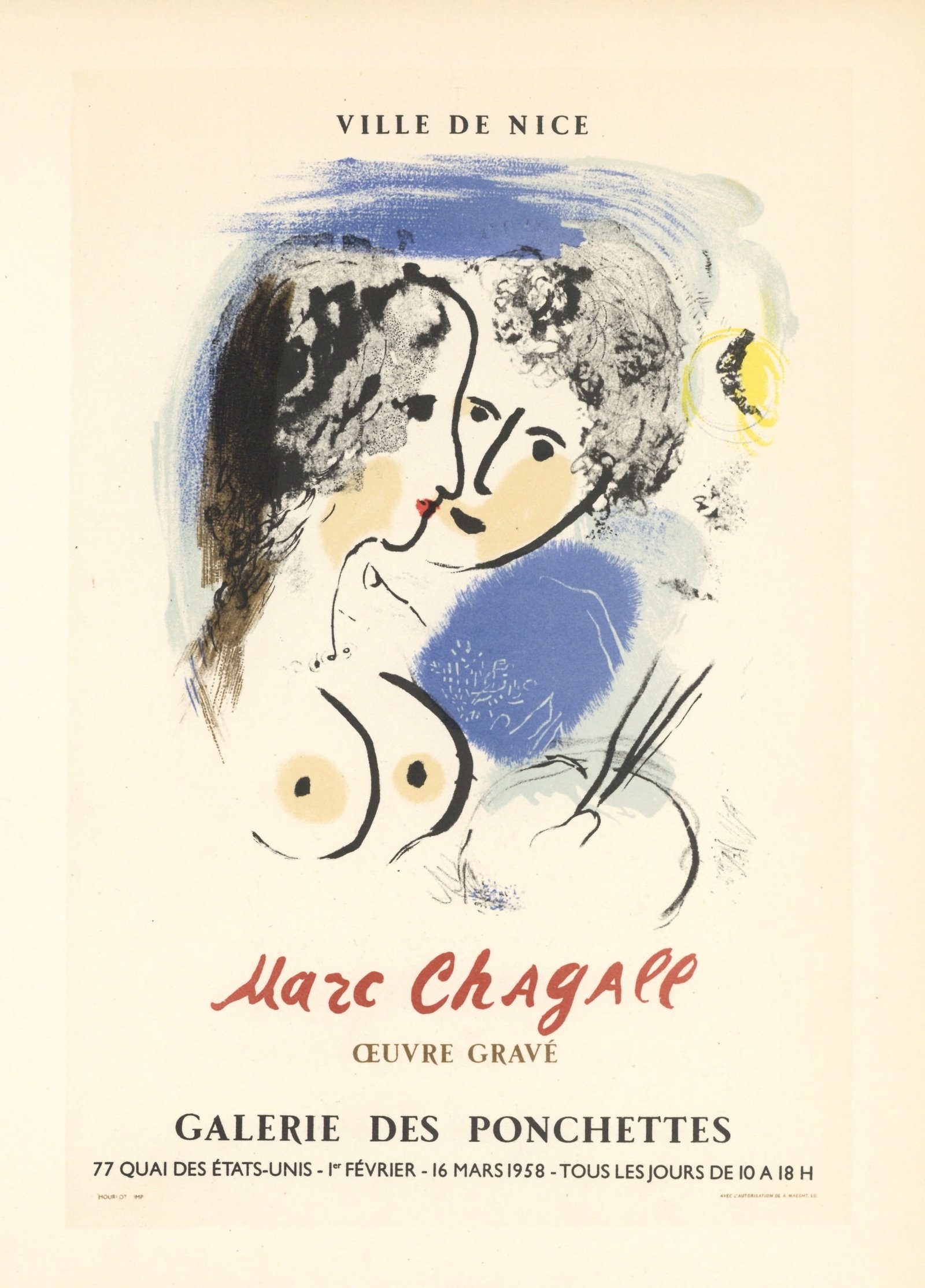 Marc Chagall lithograph poster "Oeurve Grave": Title: Marc Chagall lithograph poster "Oeurve Grave" Description: Medium: lithograph (after the original lithograph poster). During the late 1940's and throughout the 1950's, Marc Chagall created a