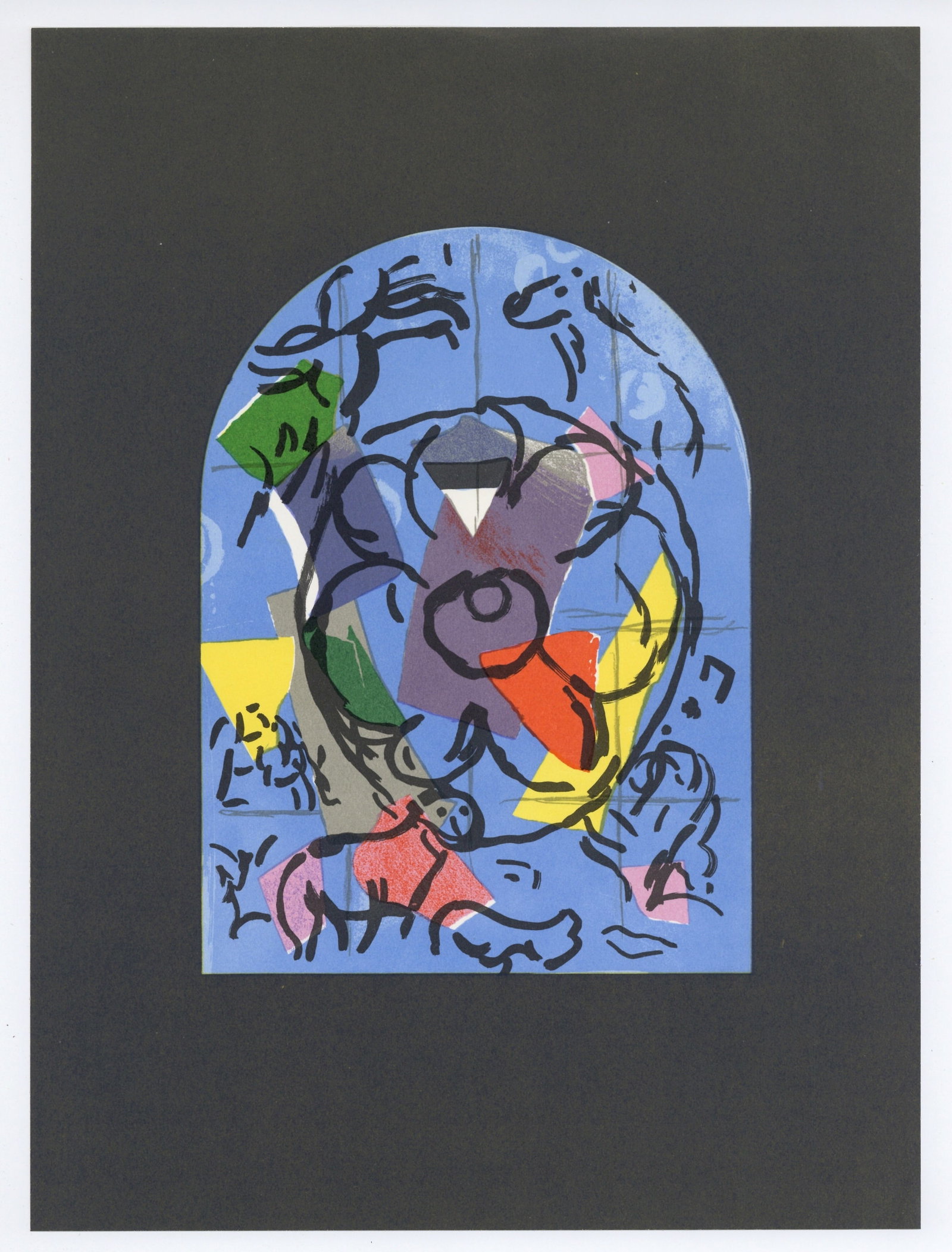 Marc Chagall lithograph for Jerusalem Windows: Title: Marc Chagall lithograph for Jerusalem Windows Description: Medium: lithograph (after the watercolor). Printed in Paris in 1962 for the back cover of "Jerusalem Windows", showing one of