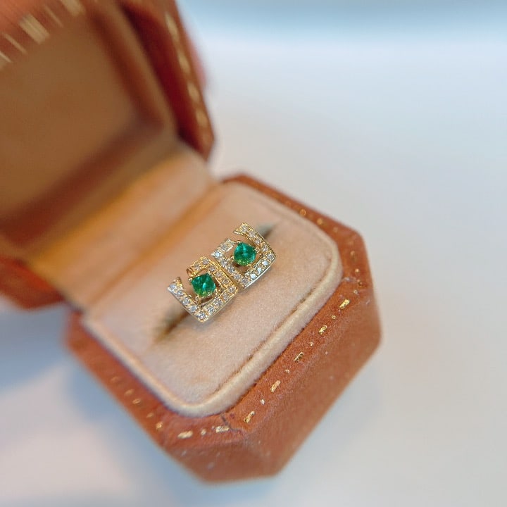 18K gold emerald diamond earrings - 2