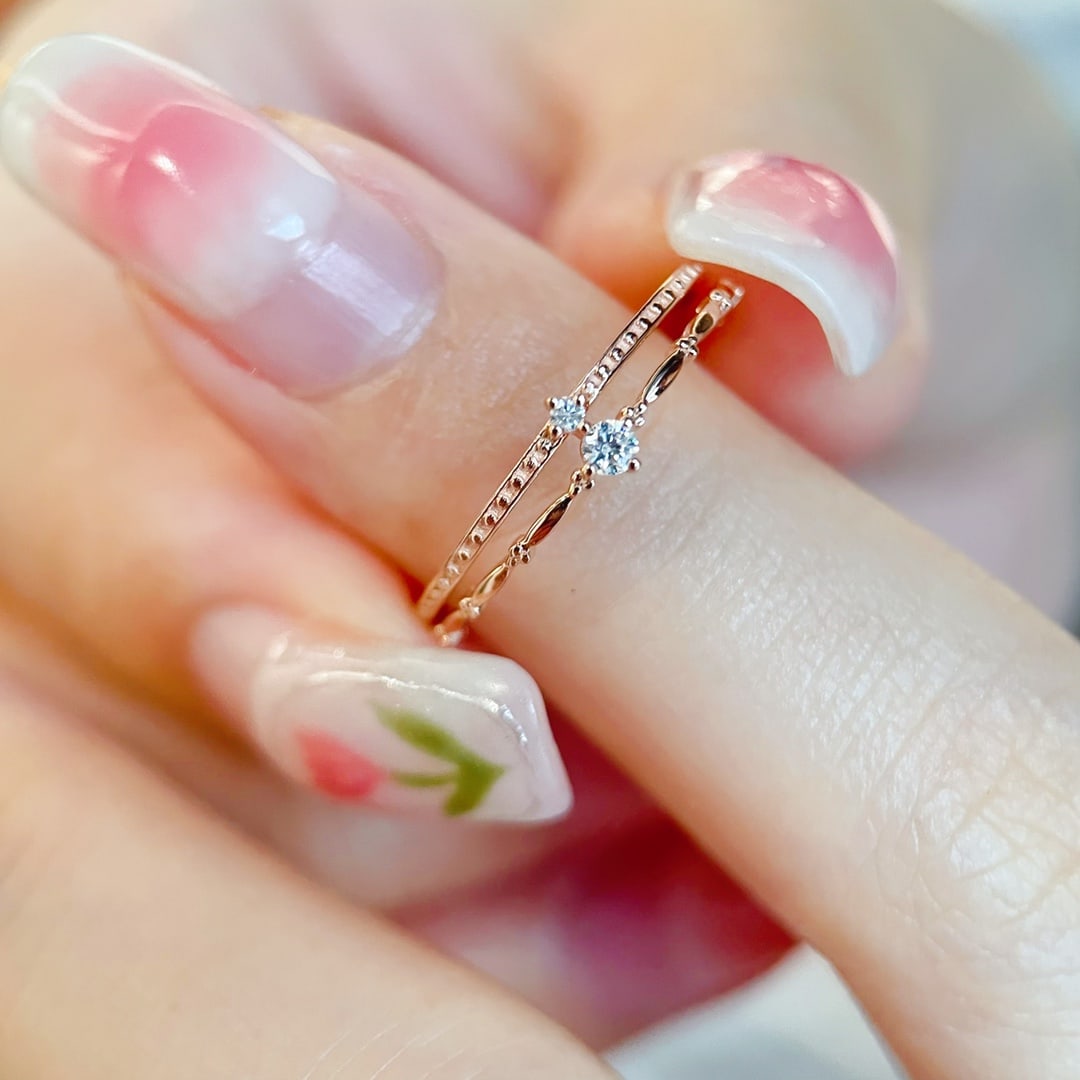 18K Gold Diamond Double Layer Ring - 9