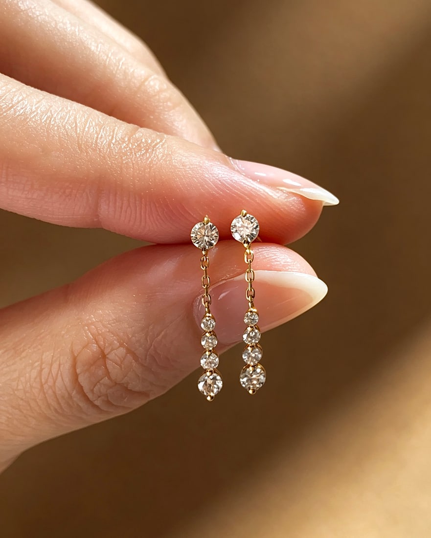 18K gold natural diamond earrings: Title: 18K gold natural diamond earrings Description: These earrings feature 18K gold chains cascading down, delicately blending starlight into the earlobes, as if adding a brilliant glow to each