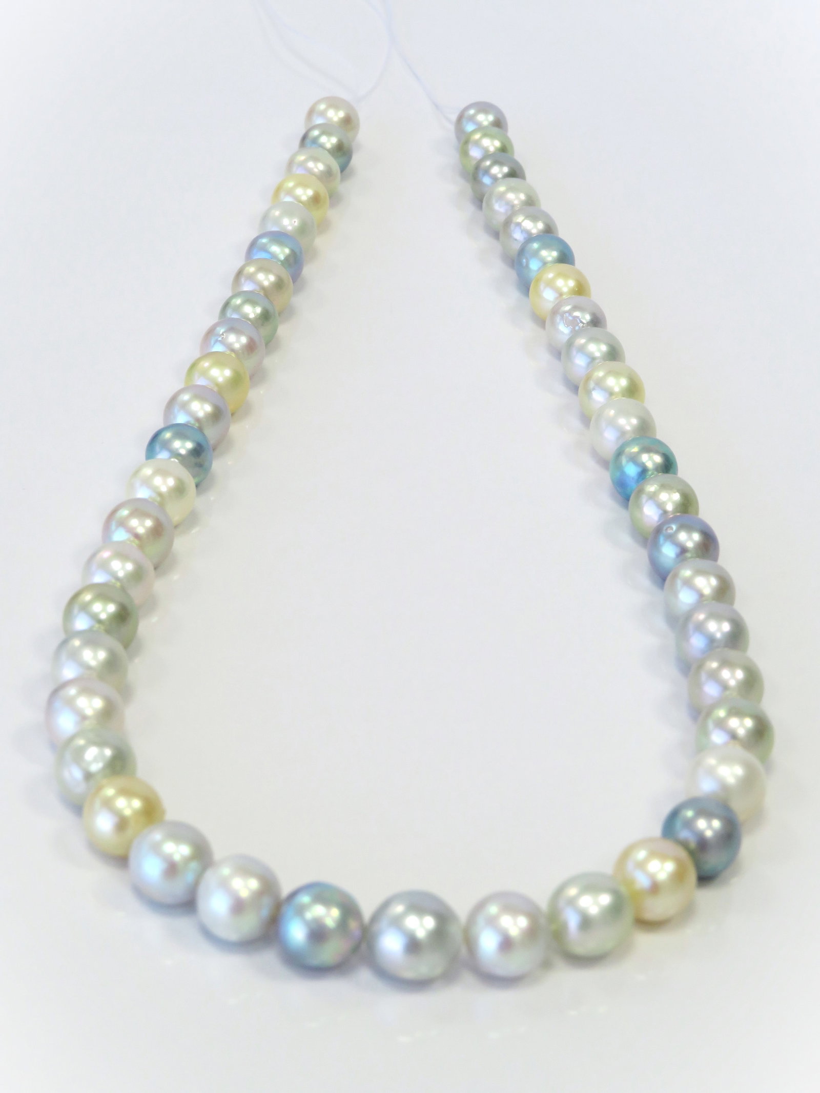 8-9mm Round/Near-Round Multi-Color Blue/White/Golden Akoya Pearl Necklace Strand: Title: 8-9mm Round/Near-Round Multi-Color Blue/White/Golden Akoya Pearl Necklace Strand Description:A-AA Grade High luster, Irridescent White/Blue/Golden Round/Near-Round with minimal