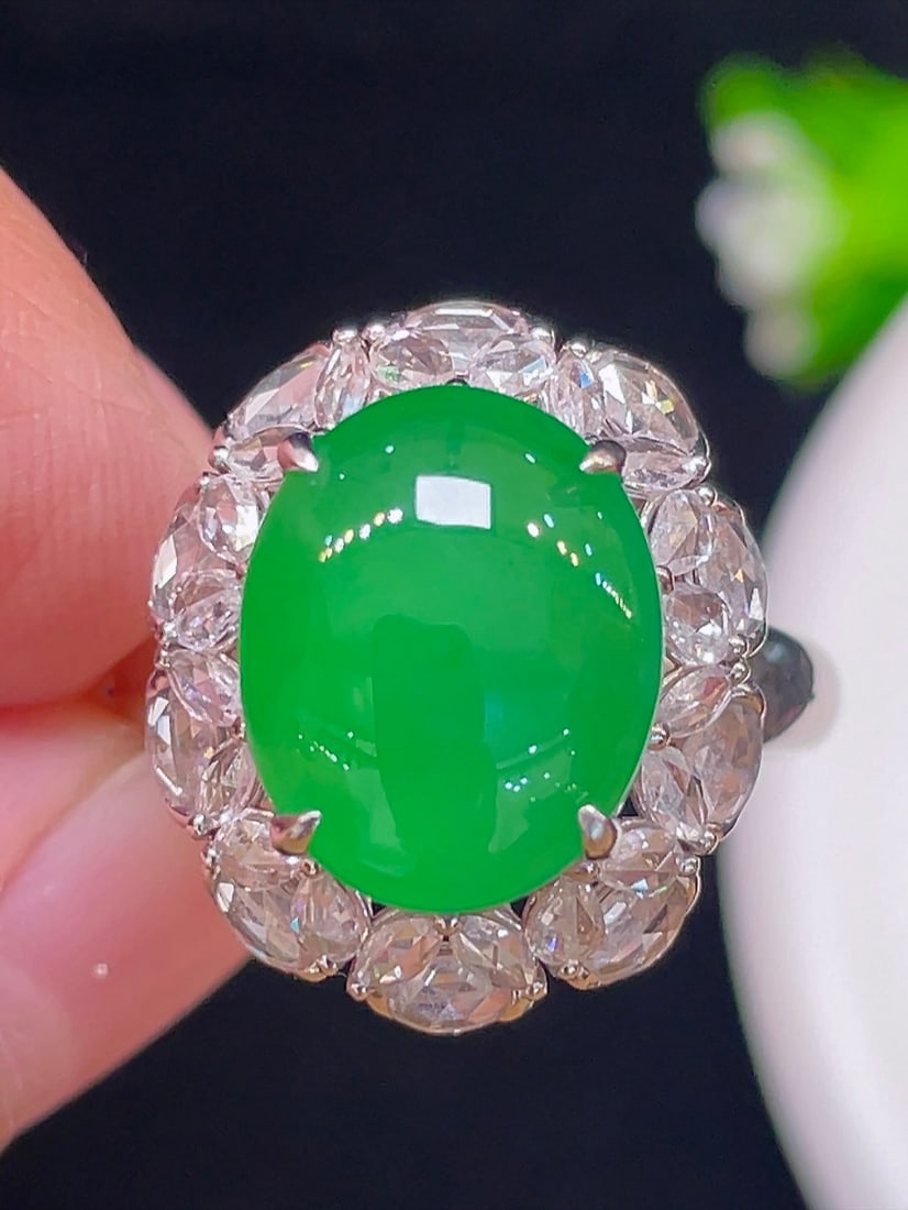 18K gold diamond jade ring - 2