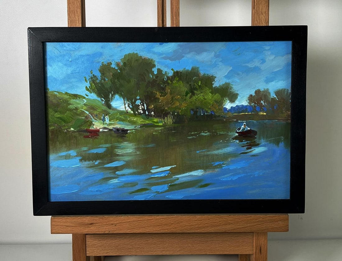 Oil painting Boats in the river Yuriy Suprunchuk: NoAAA6096*** ABOUT THIS PAINTING **** TITLE: "Boats in the river"* ARTISTS: Yuriy Suprunchuk* SIZE: 20x30 cm/7.87x11.81 inches'* MEDIUM: oil, hardboard* HAND PAINTED: Original painting from our collec