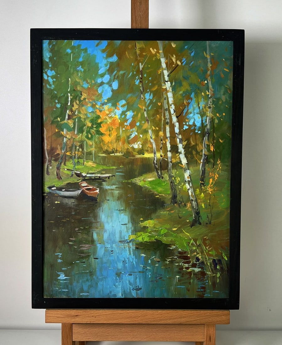 Oil painting A river in the autumn forest Yuriy Suprunchuk: NoAAA6104*** ABOUT THIS PAINTING **** TITLE: "A river in the autumn forest"* ARTISTS: Yuriy Suprunchuk* SIZE: 40x30 cm/15.74x11.81 inches'* MEDIUM: oil, hardboard* HAND PAINTED: Original painting from