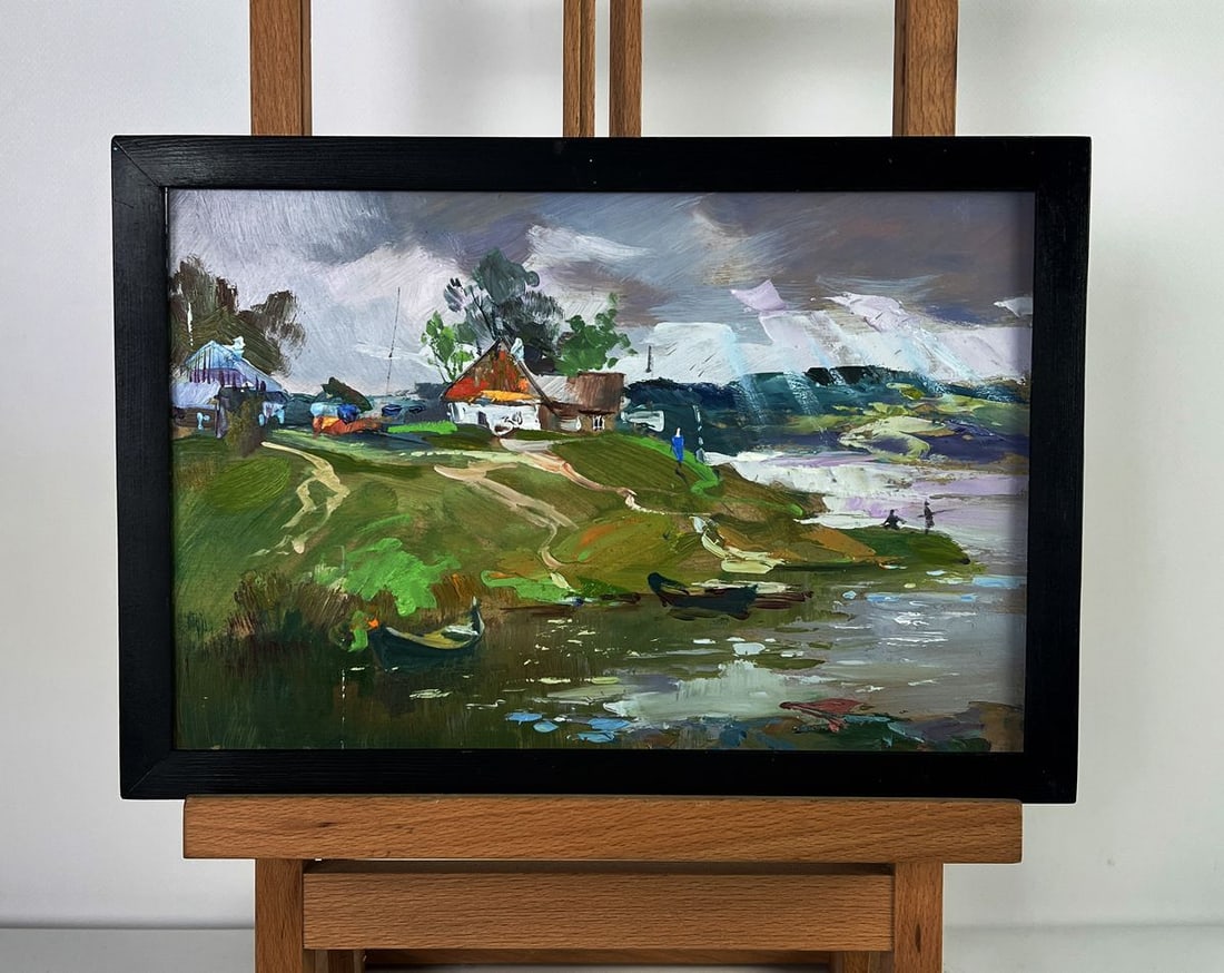 Oil painting A river near the village Yuriy Suprunchuk: NoAAA6120*** ABOUT THIS PAINTING **** TITLE: "A river near the village"* ARTISTS: Yuriy Suprunchuk* SIZE: 20x30 cm/7.87x11.81 inches'* MEDIUM: oil, hardboard* HAND PAINTED: Original painting from our 