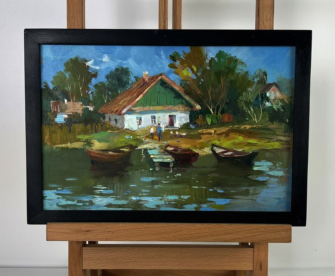 Oil painting Boats near the house Yuriy Suprunchuk: NoAAA6121*** ABOUT THIS PAINTING **** TITLE: "Boats near the house"* ARTISTS: Yuriy Suprunchuk* SIZE: 20x30 cm/7.87x11.81 inches'* MEDIUM: oil, hardboard* HAND PAINTED: Original painting from our coll