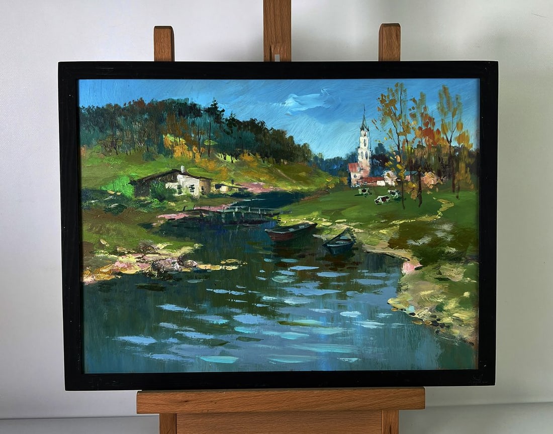 Oil painting River to the village Yuriy Suprunchuk: NoAAA6138*** ABOUT THIS PAINTING **** TITLE: "River to the village"* ARTISTS: Yuriy Suprunchuk* SIZE: 30x40 cm/11.81x15.74 inches'* MEDIUM: oil, hardboard* HAND PAINTED: Original painting from our col