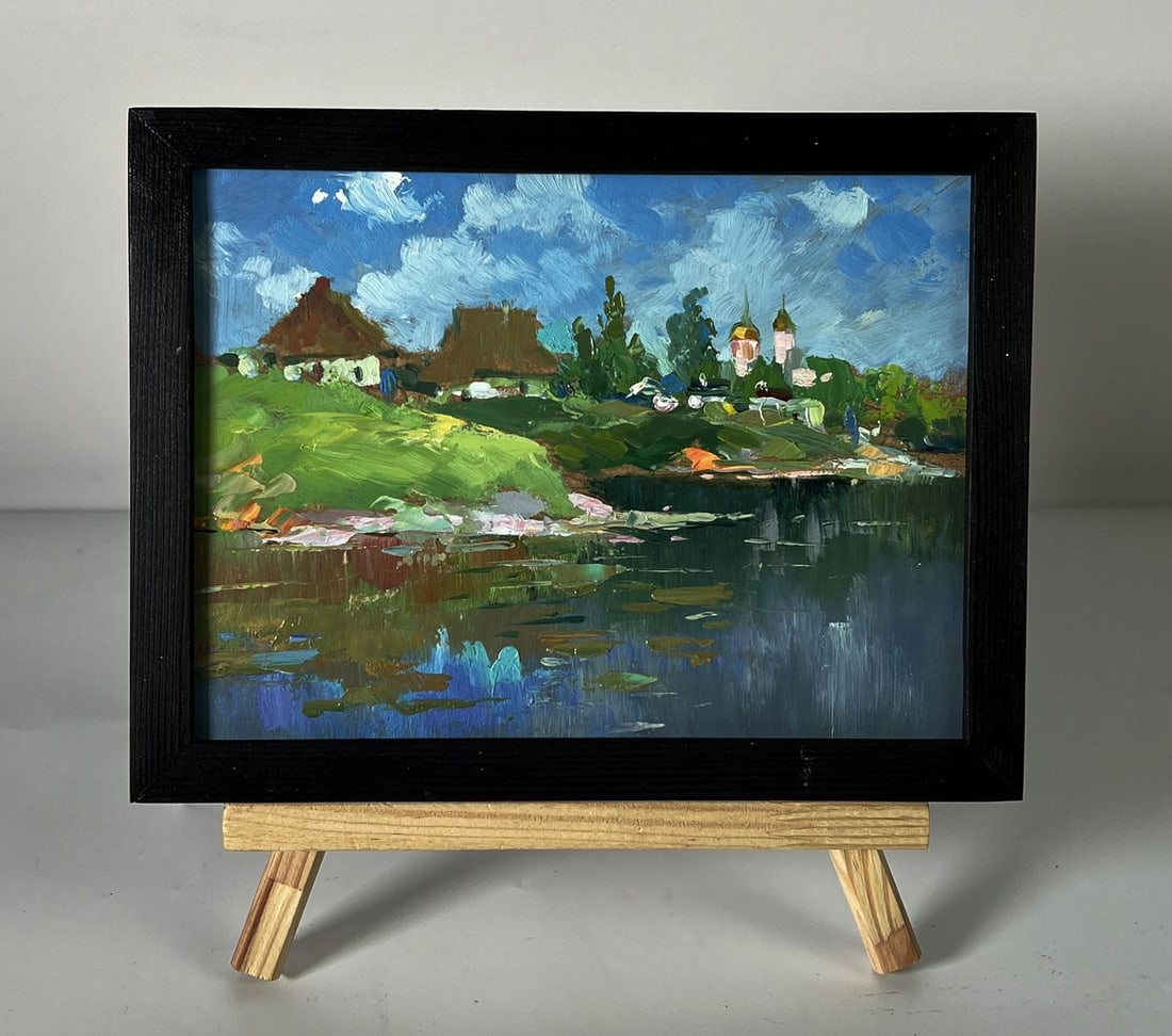 Oil painting A river near the village Yuriy Suprunchuk: NoAAA6144*** ABOUT THIS PAINTING **** TITLE: "A river near the village"* ARTISTS: Yuriy Suprunchuk* SIZE: 15x20 cm/5.90x7.87 inches'* MEDIUM: oil, hardboard* HAND PAINTED: Original painting from our c
