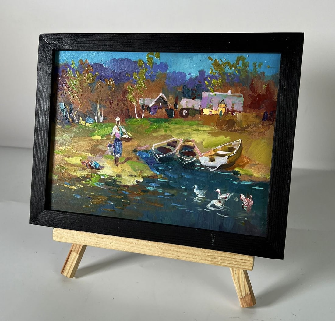 Oil painting Geese are swimming near the river Yuriy Suprunchuk - 2