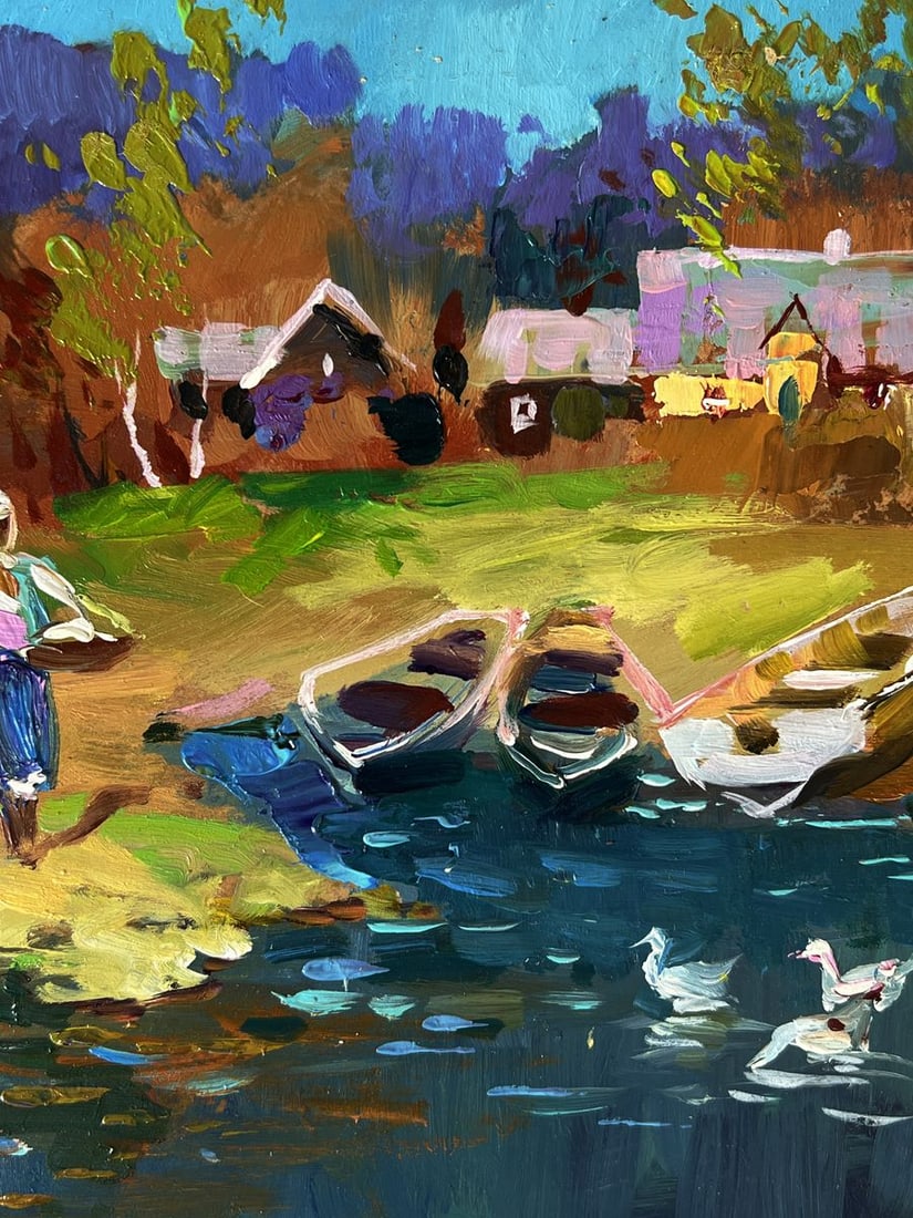 Oil painting Geese are swimming near the river Yuriy Suprunchuk - 7