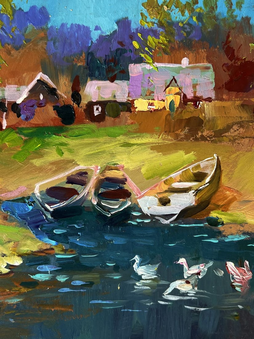 Oil painting Geese are swimming near the river Yuriy Suprunchuk - 9